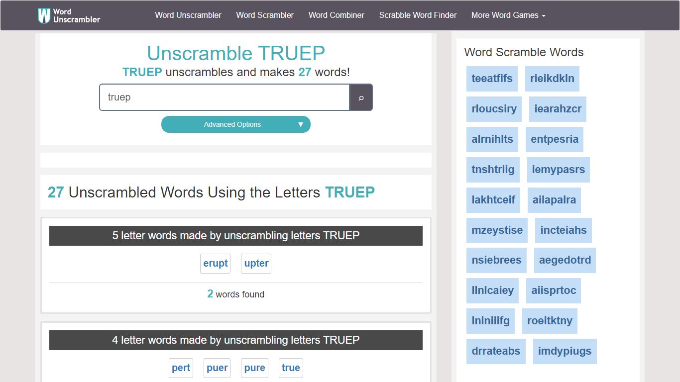 Unscramble TRUEP - Unscrambled 27 words from letters in TRUEP